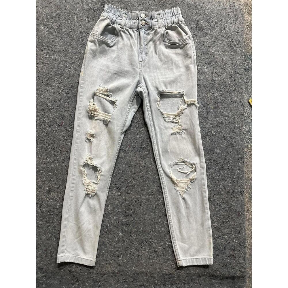 MOM Women’s Light Wash Distressed High Rise Mom Jeans Elastic Waist